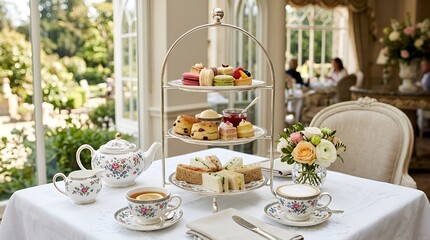 Fototapeta premium Elegant Afternoon Tea Setting with Scones, Pastries and Sandwiches