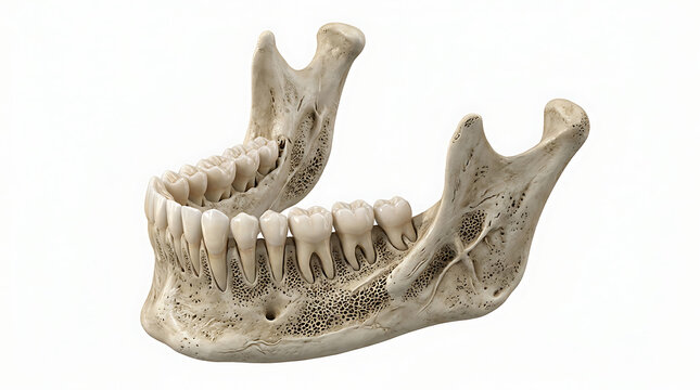 Human Mandible Bone with Teeth Model Isolated on White Background for Medical Study
