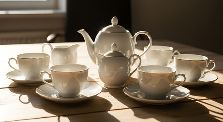 Fototapeta premium Elegant White Teacups and Teapot Set with Golden Trim on Wooden Table