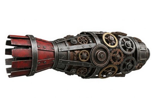 Steampunk mechanical arm cannon close-up isolated on white background