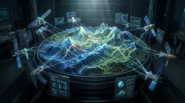 Floating dashboard displays 3d terrain surface chart surrounded by digital data widgets and orbiting satellite connectivity