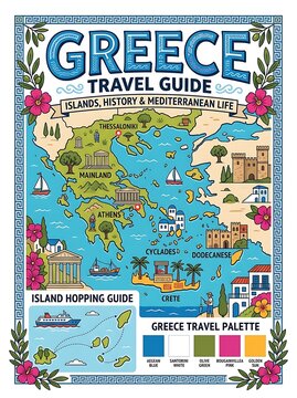 Greece travel guide map featuring mediterranean islands and landmarks