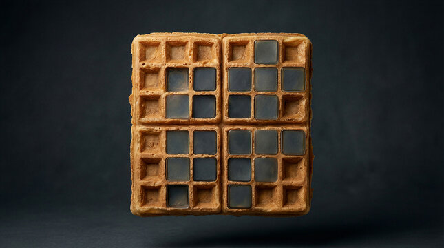 Golden waffle square features dark butter cubes arranged in geometric pattern against a simple dark textured background surface