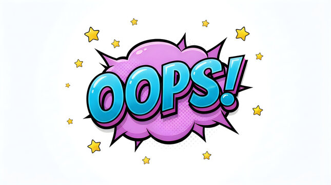 Comic book style oops speech bubble with bright blue text and pink cloud shape with yellow stars