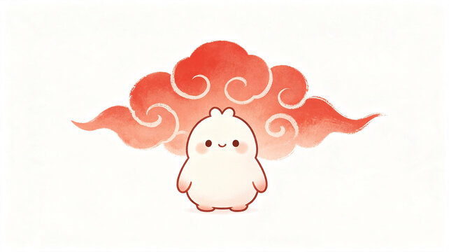 Cute white mascot character with a smiling face, standing in front of a stylized red watercolor cloud on a white background.