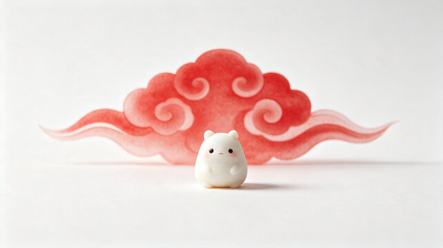 A cute white character sits before a stylized red swirl cloud on a clean white background, blending minimalist design with cultural motifs.