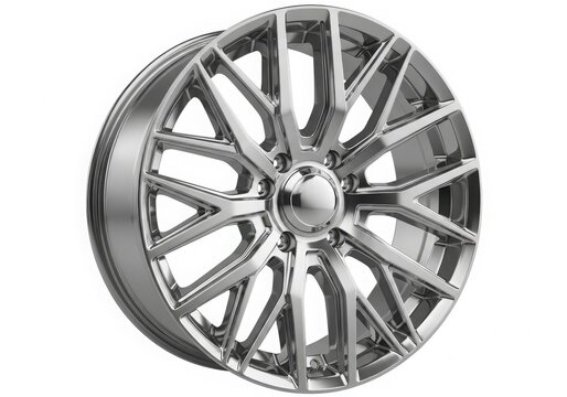 Modern silver alloy car wheel with five spokes isolated on white background