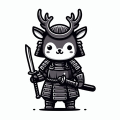 Fototapeta premium A cute cartoon deer dressed in traditional Japanese samurai armor, holding a katana sword.