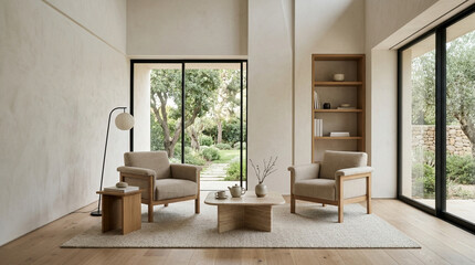 Fototapeta premium Modern living room with natural light, minimalist furniture, and garden view.