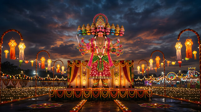 Large Ravana effigy illuminated during Dussehra festival night.