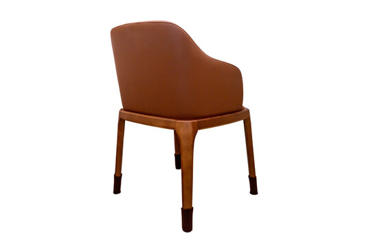 Modern wooden armchair cover brown leather View from the side offset to the back