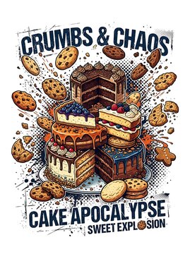 Cake and cookie explosion with crumbs and chaos typography