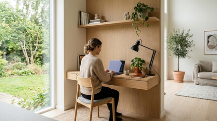 Fototapeta premium Woman working on laptop at modern wooden desk, home office, garden view
