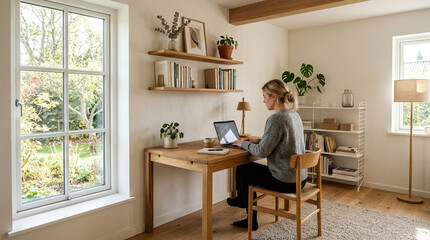 Fototapeta premium Woman working on laptop in bright home office with garden view