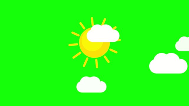 Cartoon sun and white clouds on green screen background