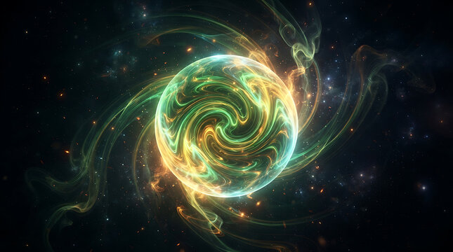 Luminous energy sphere radiating swirling green and gold light patterns within deep dark cosmic space with displays glowing spherical emitting vibrant swirling