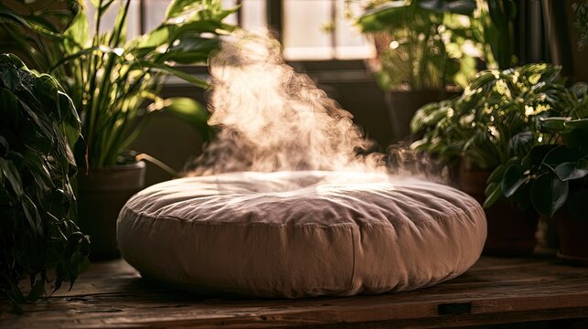 A round cushion emits a gentle mist surrounded by lush green plants