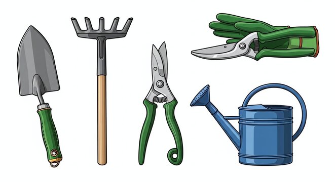 Cute cartoon gardening tools and watering can set.