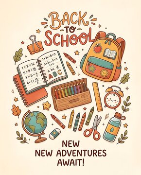 Back to school banner with cute hand drawn supplies and backpack
