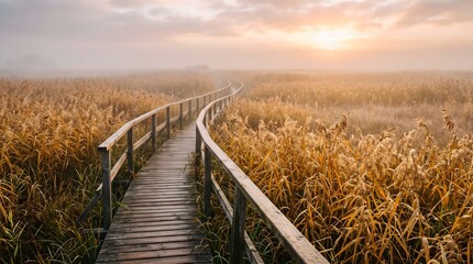 Fototapeta premium Serene Boardwalk Through Golden Marsh Fog at Sunrise