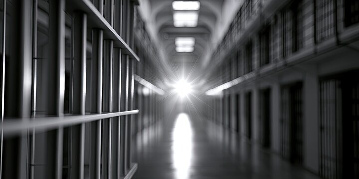 Long, bright corridor of prison cells with bars in the foreground and a light at the end