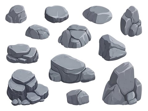 Collection of assorted grey garden stones and rocks with landscaping, elements