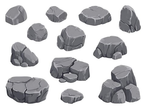 Set of various grey decorative garden rocks and stones with landscaping