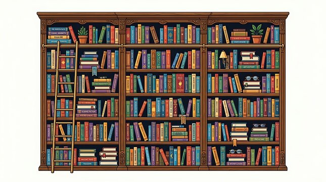 Large wooden home library bookshelf with ladder and colorful books
