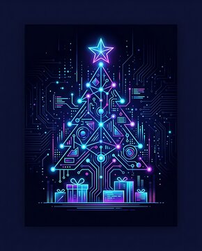 Futuristic neon circuit board christmas tree with gifts
