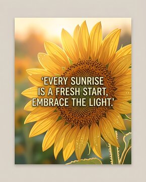 Motivational sunflower quote about sunrise and fresh starts