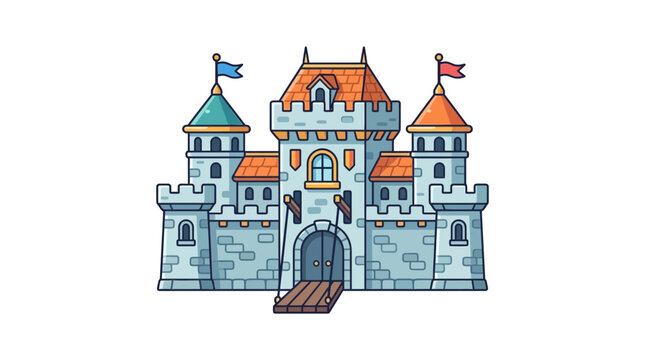Cartoon medieval stone castle with blue turrets.