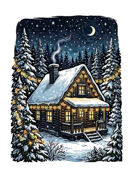 Cozy winter cabin with glowing lights in a snowy forest at night