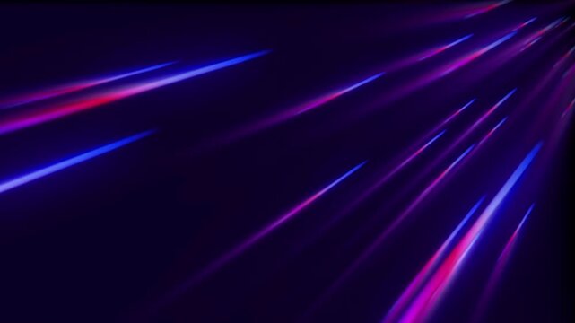 Neon light trails in blue and purple stream diagonally across a dark abstract background.