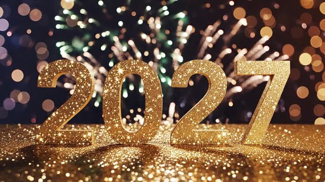 Golden 2027 glitter numbers on dark bokeh background