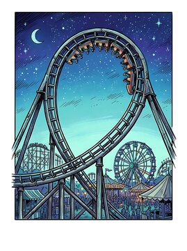 Roller coaster loops under a starry night sky in an amusement park