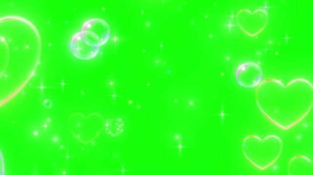 Glowing heart outlines and floating bubbles create a magical romance overlay on a green screen background.