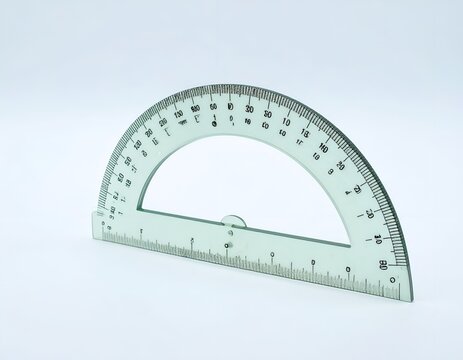 Semi transparent plastic protractor tool on light background.