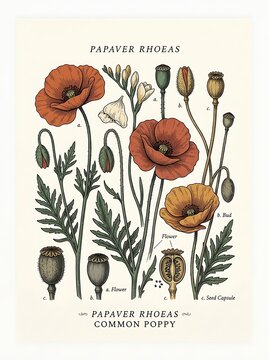 Vintage botanical illustration of red common poppy with seed pods