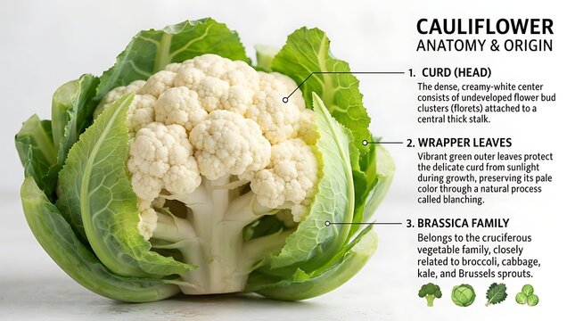 Fresh whole cauliflower with green leaves in close-up shot on white background.
