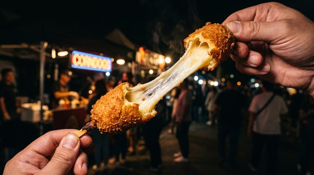 Hand pulling cheese sausage corndog