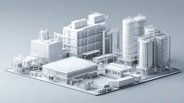 A 3D model of an industrial factory complex in white on a plain background. This visualization serves as a clean architectural concept for manufacturing industry ads.