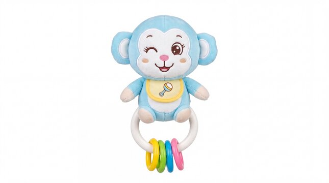 Cute blue plush monkey baby rattle toy featuring vibrant colorful plastic rings on white background
