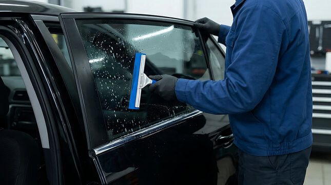 Professional automotive window tinting specialist applying film on car glass