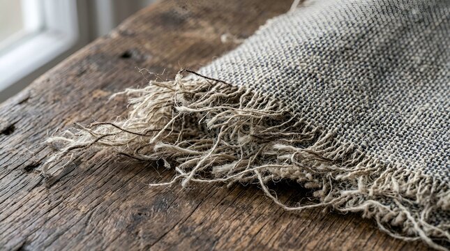 Rustic Burlap Texture: Torn Fabric on Aged Wood Surface, Close-up Macro View