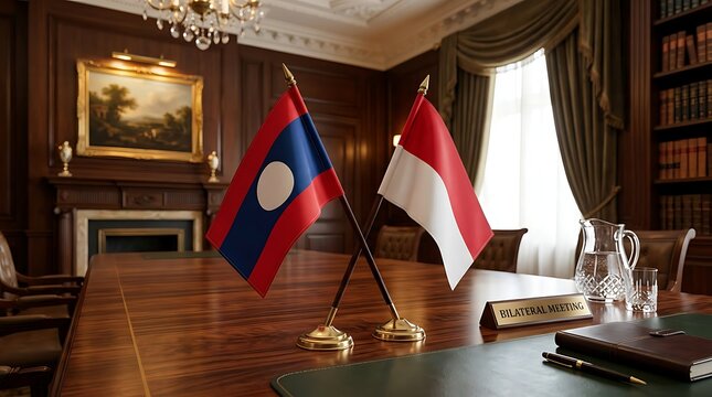 National Flags of Laos and Indonesia on a Wooden Table for a Diplomatic Bilateral Meeting and Summit