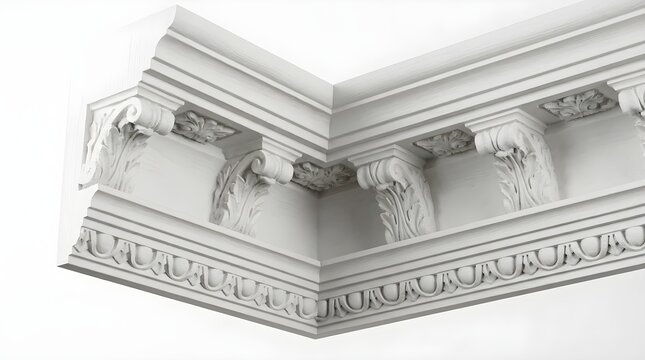 Classical white crown molding with ornate corbels, decorative plaster ceiling cornice, architectural interior trim detail