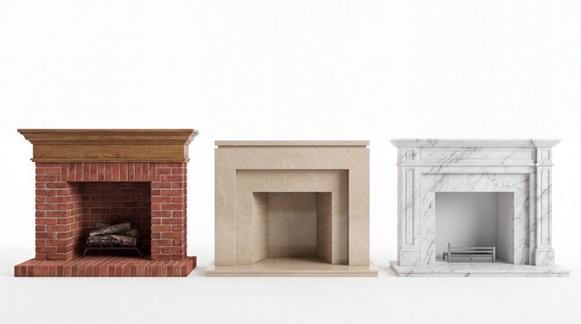 Three different elegant fireplace designs rendered in high resolution materials shown isolated on white background