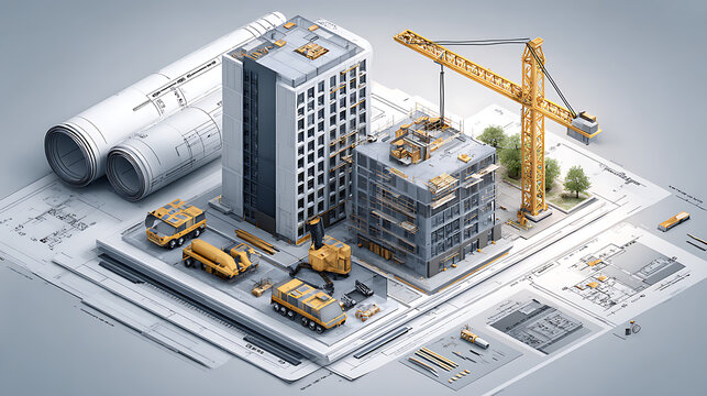 An isometric 3D construction site model featuring modern buildings, cranes, and blueprints. Ideal for real estate development and urban planning visualization concepts.