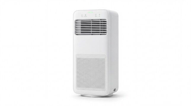 Modern white portable air conditioner unit showing digital control interface and sleek design on white background