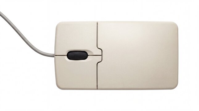 Vintage computer mouse with black scroll wheel and grey cable presented clearly on white background